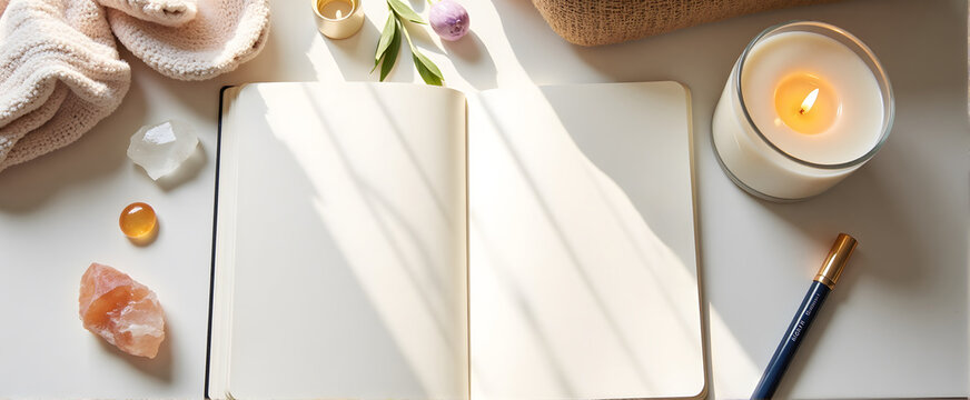 Cozy journal setup with candle and crystals for relaxation and mindfulness