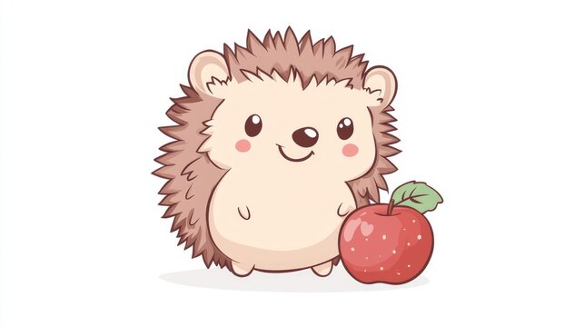recommend clip art: Charming line art illustration of a cute baby hedgehog sitting next to an apple presented on a clean white background