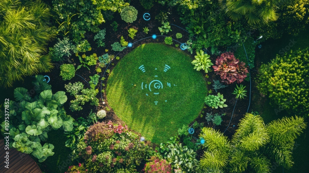 Poster this lush backyard features a smart garden equipped with automated sprinklers and soil sensors, show