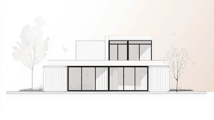 Line art illustration of a modern home featuring two white containers on a light background