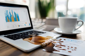 spilled coffee on work laptop in modern office