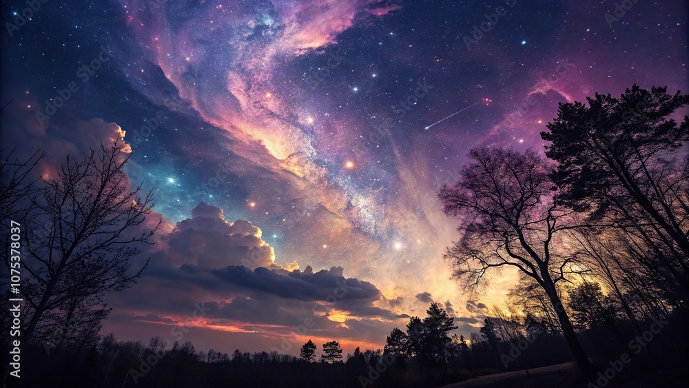 Wall mural whimsical and fantastical representation of the night sky with swirling shapes and colors in shades 