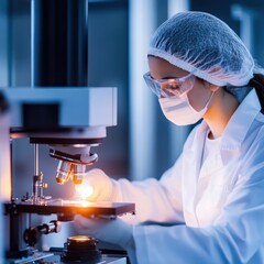 a woman in a lab coat is working on a microscope