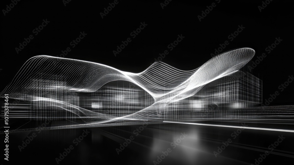 Poster line art illustration of a smooth abstract architectural background featuring illuminated elements 3