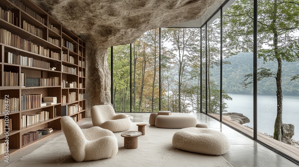 Poster modern living room with large windows overlooking a lake and mountains. the room is furnished with c