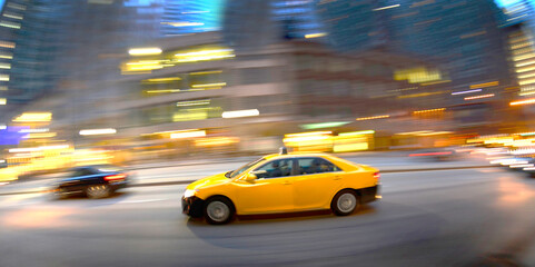 Taxi at Night in Busy City Street Dark Fast Driving Transportation