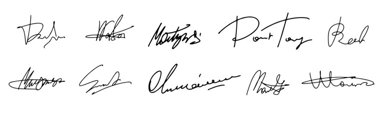 Set vector handwritten signature. Fake autograph in different handwriting. Different colors of ink are used for each signature.