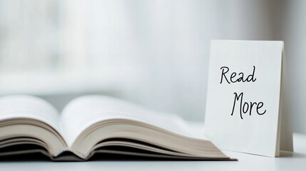 An open book with a handwritten note inviting readers to explore more details in a cozy indoor setting