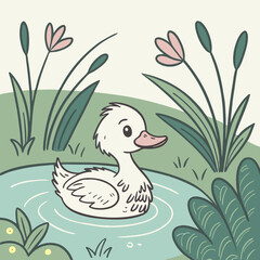 A cute cartoon duckling swimming in a pond surrounded by lush greenery. Perfect for children's books, illustrations, and designs that need a touch of adorable charm.