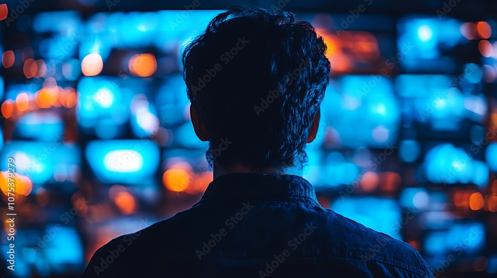 Aufkleber a man stands in front of a large screen displaying a colorful grid of images, watching intently.