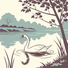 A serene illustration of a white swan gracefully gliding across a tranquil lake, surrounded by lush greenery and a tree.  This minimalist design evokes peace and tranquility, perfect for projects.