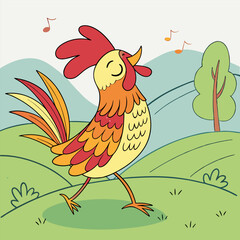 A cheerful rooster with a bright red comb crows happily in a green meadow, surrounded by rolling hills and a tall tree.