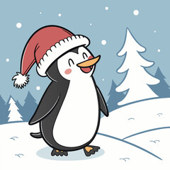 A cheerful penguin wearing a Santa hat, standing in a snowy landscape. This cute illustration is perfect for holiday cards, winter-themed designs, and adding a touch of festive fun to your projects.