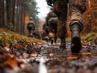 Soldaten auf einem herbstlichen Waldweg im Gleichschritt unterwegs

