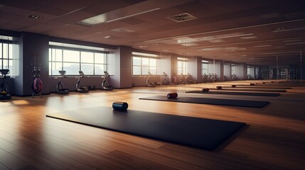 A photo of an empty group fitness room with exercise
