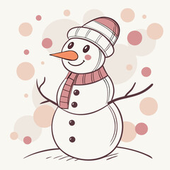 A charming hand-drawn illustration of a snowman with a pink hat and scarf, standing against a backdrop of delicate snow circles.