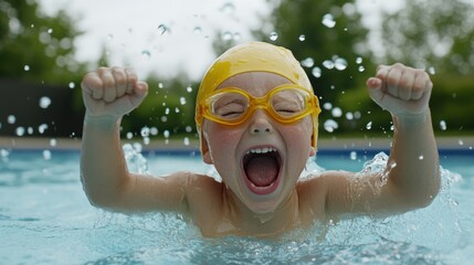 A joyful boy in a yellow swim cap and goggles splashes water exuberantly in a pool, celebrating the joys of summer and childhood freedom.