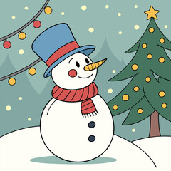 A cheerful snowman with a red scarf and a blue hat stands proudly in a snowy winter landscape, with a decorated Christmas tree nearby.