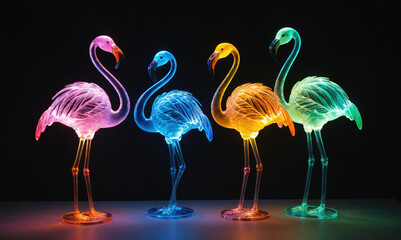 Obraz premium Four colorful flamingo statues light up a dark room
