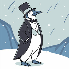 A dapper penguin in a top hat and tuxedo, standing on a snowy landscape. This charming illustration is perfect for adding a touch of whimsy to your designs.