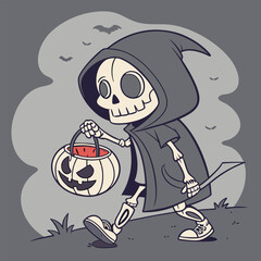 A spooky and fun illustration of a skeleton dressed as the grim reaper, trick-or-treating on Halloween night.