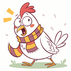 A cute cartoon chicken wearing a scarf looks startled and surprised with its mouth wide open and big eyes. This comical illustration is perfect for adding a touch of fun and whimsy to your designs.