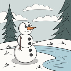 A charming illustration of a snowman standing in a wintery landscape with a frozen lake, perfect for adding a touch of festive cheer to your projects.