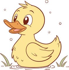 A charming cartoon illustration of a yellow duckling, with big, round eyes and a cheerful expression. Perfect for children's books, educational materials.