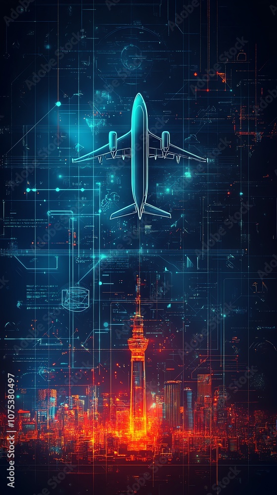 Poster a futuristic digital illustration of an airplane flying above a city skyline, with glowing digital l