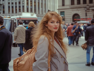 Fototapeta premium Stilvolle Frau in Sonnenbrille vor belebter Stadtkulisse