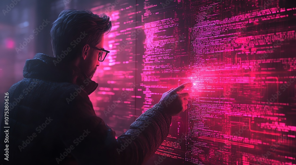 Poster A man in glasses stands in front of a large screen displaying lines of code, pointing at a highlighted section.