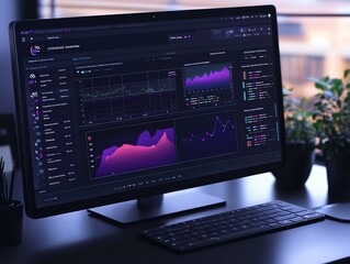 A desktop computer displaying a dashboard with data graphs and charts.