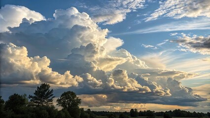 A stunning display of cumulus clouds in various shades of white, cream, and light gray against the radiant backdrop of a sunny afternoon sky, clouds, white, sunny, bright, afternoon