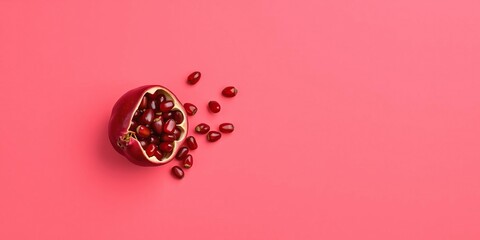 A single pomegranate seeds spill out of the fruit onto a vibrant light red background, creating a beautiful and eye-catching pattern, tropical, nature