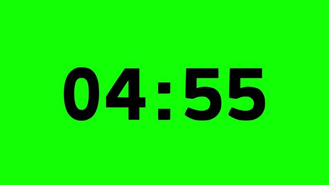 Countdown Five minutes or 5-minute animation, timer icon, count the number, counts digits, modern countdown time, Green screen background