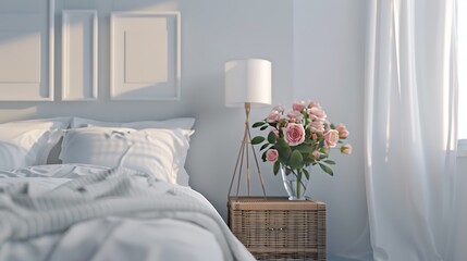 Beautiful Colored Mockup Bedroom Interior Blank Poster Decoration Art Background Image, generative AI