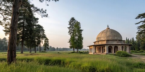 Domed structure amidst a stunning natural setting with an abundance of grass and trees, scenic views, panoramic vistas, blue sky above, natural wonders