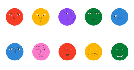 Round abstract comic Faces with various Emotions. Crayon drawing style. Different colorful characters. Cartoon style. Flat design. Hand drawn trendy Vector illustration.