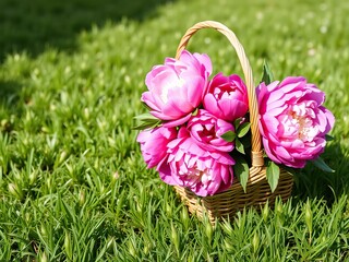 Obraz premium peonies in a wicker basket on lush green grass, garden party, nature's beauty, botanical photography
