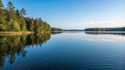 Water's surface reflects the surrounding environment, creating a crystal clear ripple effect on the lake's calm surface, stillness, lake, tranquil atmosphere