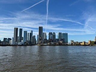 Canary Wharf, London Skyscrapper View From Thames River
