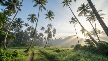 A panoramic view of a tropical landscape with towering palm trees stretching towards the sky and a few rays of sunlight filtering through the leaves, filtered light, tropical landscape, towering palms