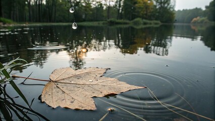 Naklejka premium A single leaf floating on a pond with a small water drop clinging to its edge, creating a sense of serenity and tranquility, outdoors, macro, nature