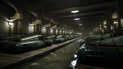 A photo of an unoccupied row of rowing tanks.