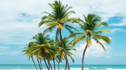 Palm trees swaying in ocean breeze on beach, st kitts, palm trees, caribbean sea
