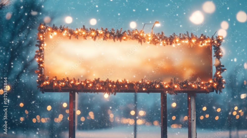 Poster a large rectangular billboard is adorned with twinkling christmas lights and garlands, set against a