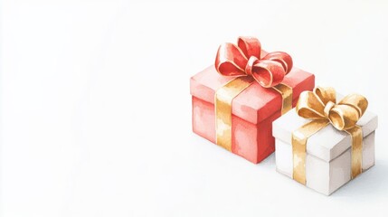 Obraz premium Watercolor gift boxes adorned with elegant satin bows in red and gold, luxurious details, Christmas gifts, opulent charm, white background