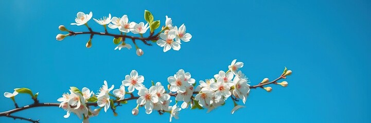 Fototapeta premium A branch with numerous white pear blossoms against a bright blue sky, botanical, flower buds, blooming flowers