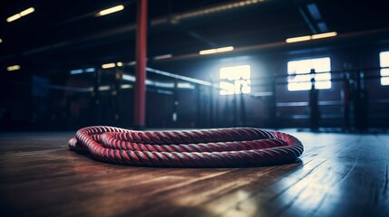 A photo of an unused battle rope in a gym.