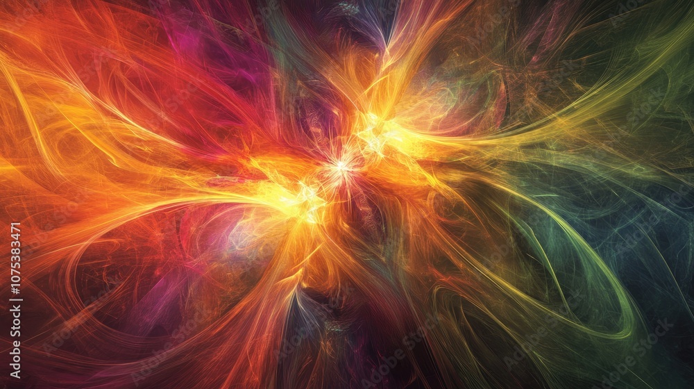 Poster abstract multicolored background featuring a line art illustration of a fractal explosion star with 